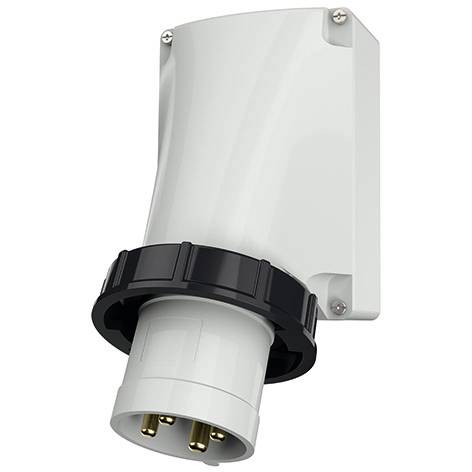 Connecteur électrique industriel blanc ou prise d'entrée d'alimentation avec collier de verrouillage noir et broches métalliques, présenté sur un fond neutre.