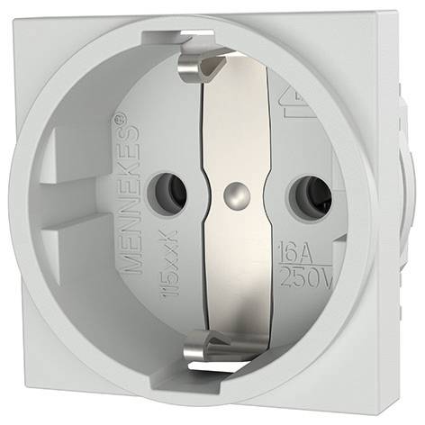 Prise murale électrique européenne ronde blanche avec deux trous et contacts de mise à la terre métalliques, portant l'étiquette « MENNEKES » et « 16A 250V ».