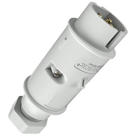 Connecteur électrique cylindrique blanc avec bouchon à vis et base hexagonale, présenté isolé sur un fond neutre.