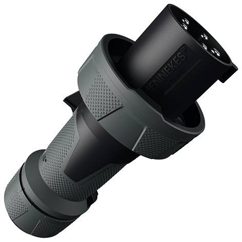 Connecteur électrique multi-broches circulaire noir et gris présenté sous un angle sur un fond blanc.