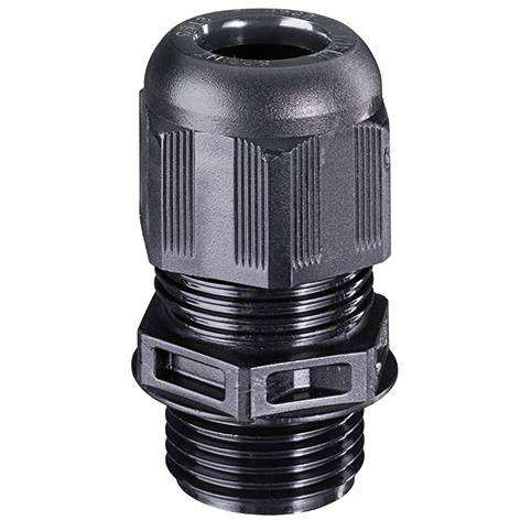 Passe-câble en plastique noir avec corps filetté et écrou de compression pour l'étanchéité et la fixation des câbles électriques.