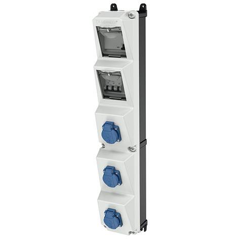 Boîtier blanc vertical de distribution d'énergie électrique avec deux fenêtres de commutateurs transparentes et trois prises de courant bleues sur un boîtier montable sur mur.