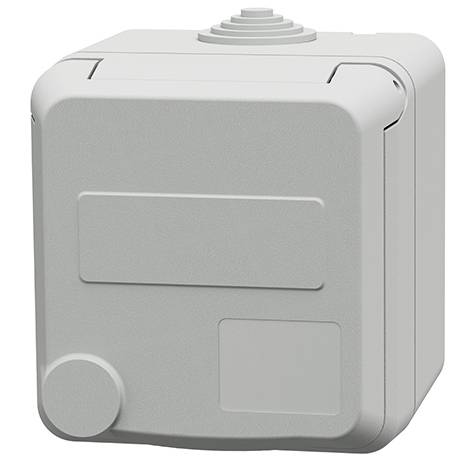 Appareil ou boîtier en plastique de forme carrée grise avec des coins arrondis, un bouton circulaire en bas à gauche et une grille de ventilation surélevée sur le dessus.