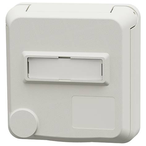 Boîtier électrique ou coffret mural en plastique blanc avec fente d'étiquette centrale, coins arrondis et élément circulaire en bas à gauche.