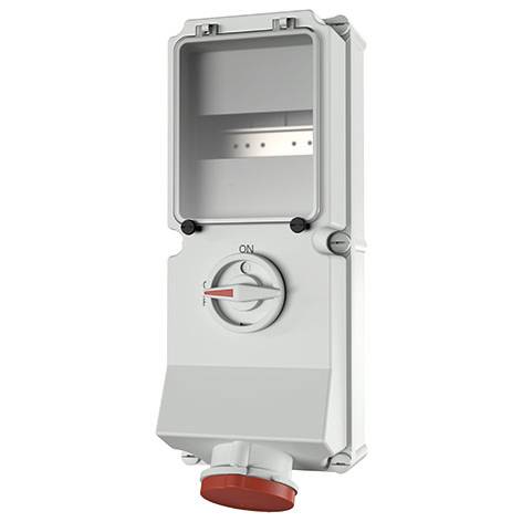 Boîtier de commande électrique blanc avec couvercle à charnière transparent, interrupteur rotatif MARCHE/ARRÊT, et connecteur rouge inférieur sur un fond neutre.