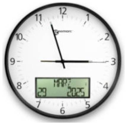 Horloge murale analogique avec un affichage de date numérique affichant « MAR 7 » et « 29 2023 » ; les aiguilles indiquent environ 11h15.