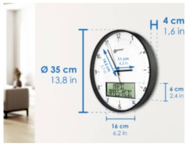Horloge murale avec affichage numérique présentée avec les dimensions : 35 cm de diamètre, 16 cm de largeur, 6 cm de profondeur et 4 cm de hauteur supérieure.