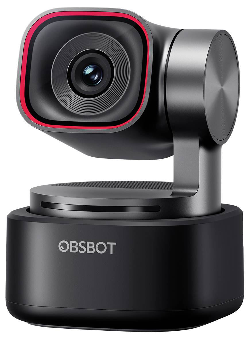 Webcam PTZ OBSBOT noir avec un objectif en évidence, présenté sur sa base sur fond blanc.