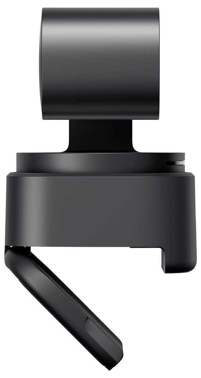 Webcam noir avec objectif cylindrique et support de fixation ajustable, présenté en vue de face sur fond blanc.