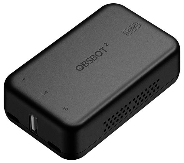 Appareil OBSBOT 2 noir avec port HDMI et trous de ventilation, présenté sur un fond blanc.