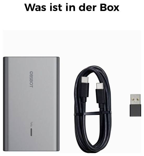 Contenu du paquet visible : un appareil OBSBOT, un câble USB-C et un petit adaptateur USB sur un fond blanc.