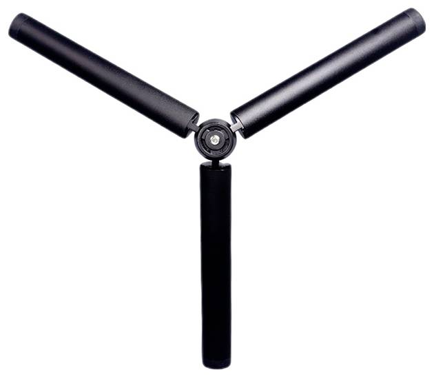 Poignée d'exercice pivotante en forme de Y noir avec deux poignées angulées et une poignée centrale verticale sur fond blanc.