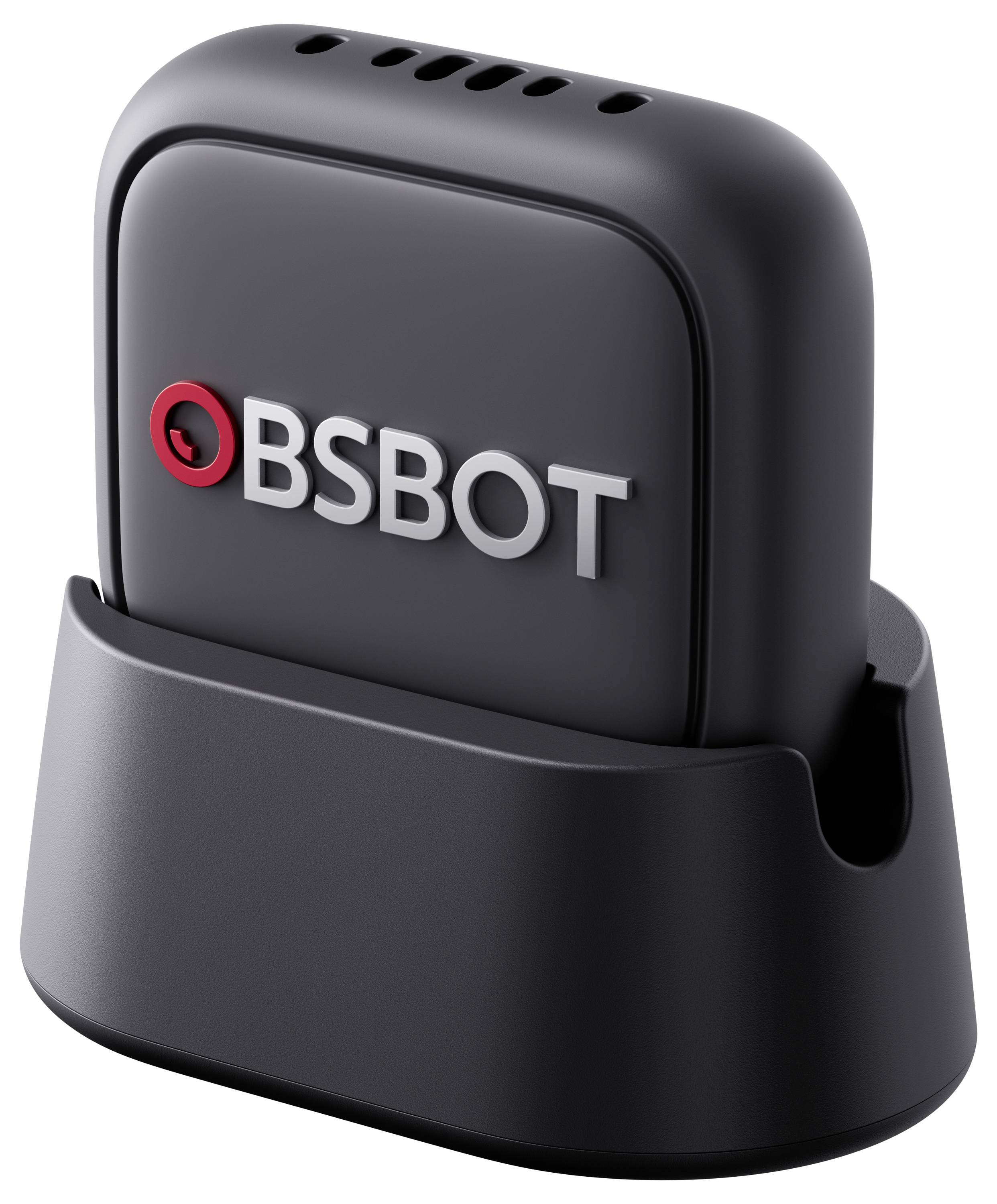 Appareil BSBOT noir assis dans un socle de chargement, avec un logo circulaire rouge sur le devant.