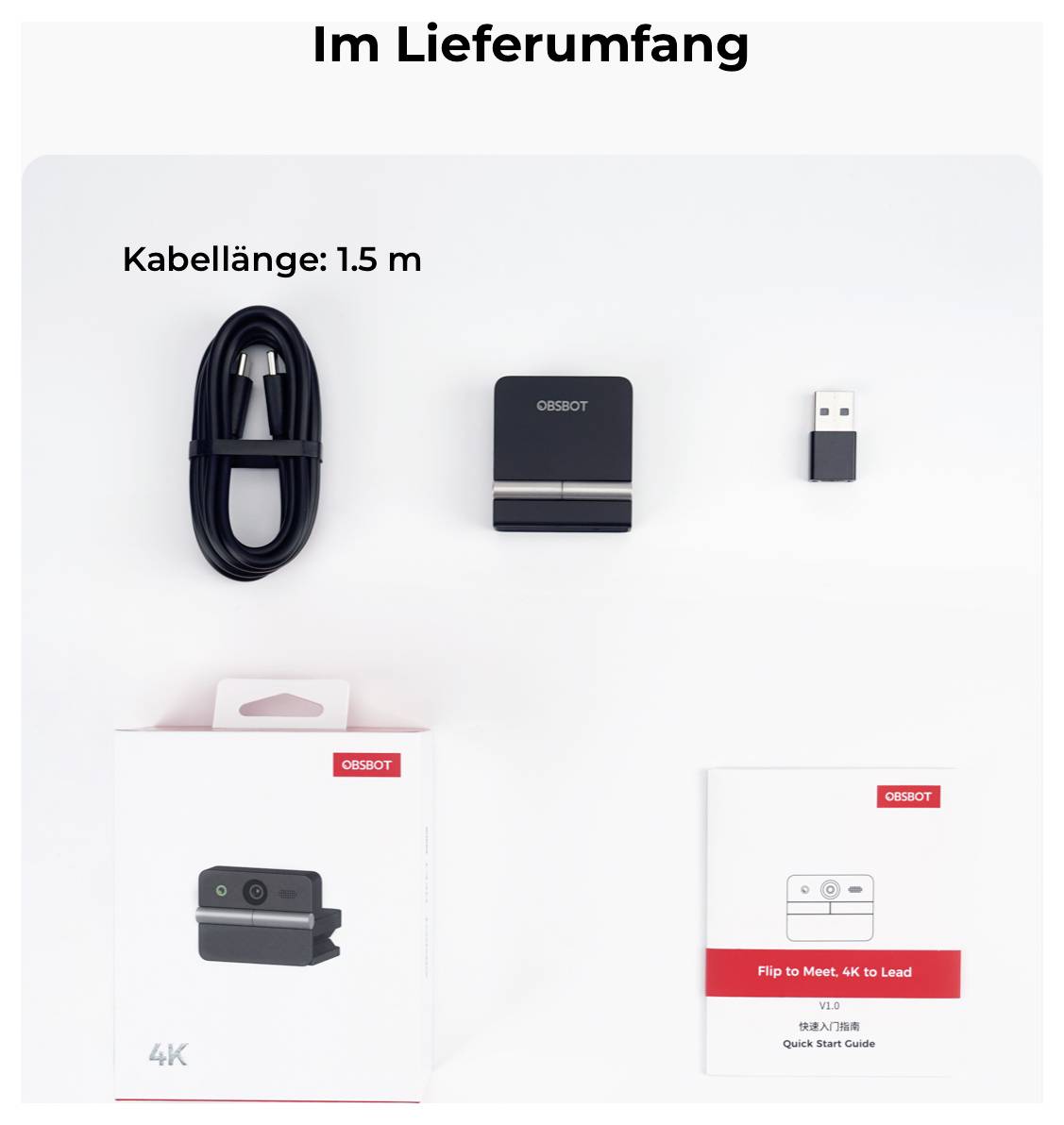 Contenu de la livraison : 1,5 m de câble, adaptateur USB et caméra CSBOT avec emballage et guide de démarrage rapide.