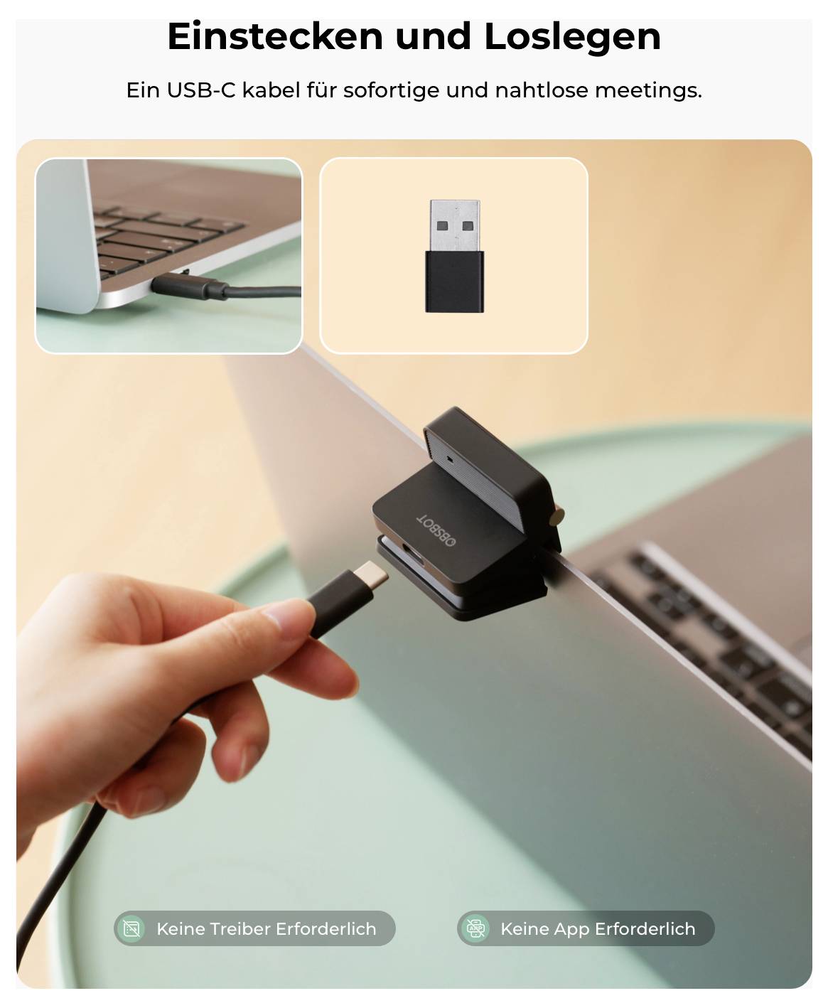 Affiche publicitaire : Câble USB-C pour connecter instantanément l'ordinateur portable et l'appareil ; affiche la prise, le connecteur et les indications « Aucun pilote requis » et « Aucune application requise ».
