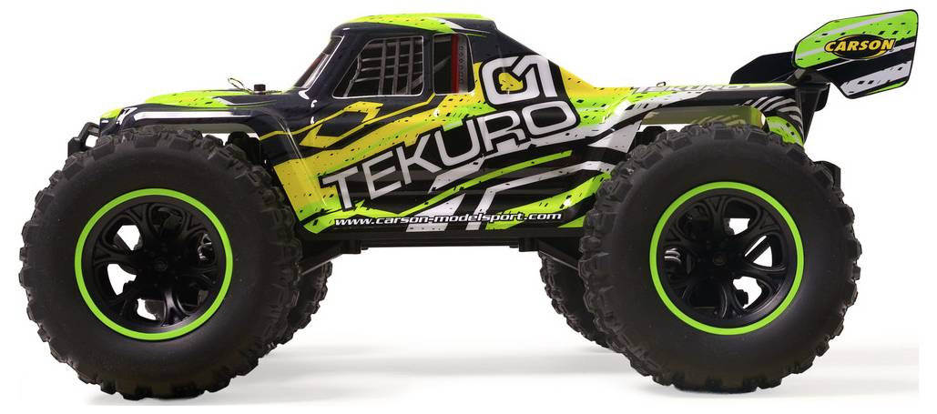 Vue latérale d'un camion radiocommandé tout-terrain Tekno RC noir, vert et jaune avec de grands pneus crantés et « CARSON » sur l'aileron arrière.