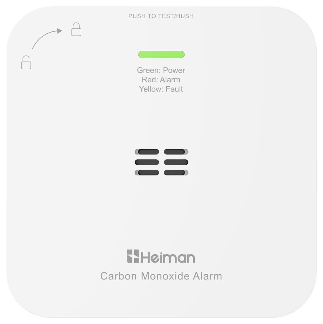 Alarme monoxyde de carbone Heiman avec voyant d'alimentation vert, bouton test/silence et légende d'indicateur pour alimentation verte, alarme rouge, défaut jaune.