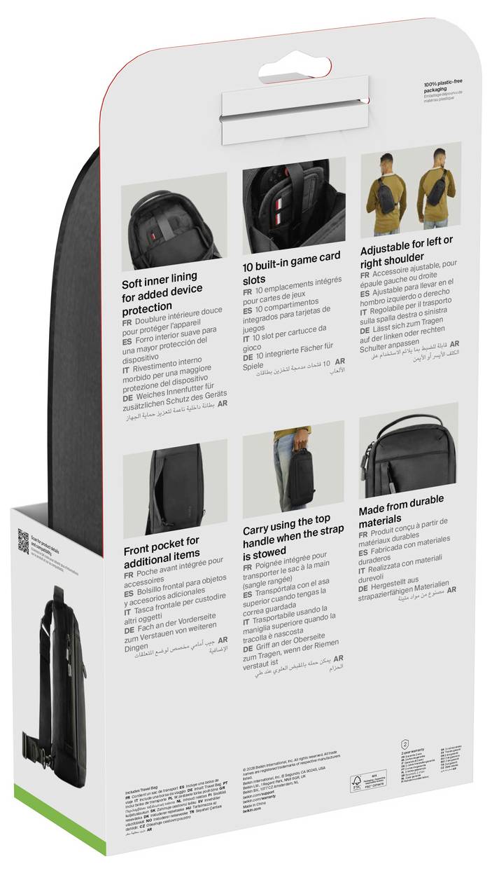 Emballage de sac à dos pour la vente au détail présentant les caractéristiques du produit : doublure intérieure douce, 10 emplacements intégrés pour cartes de jeu, bretelles réglables, poche avant, poignée de transport supérieure et matériaux résistants.
