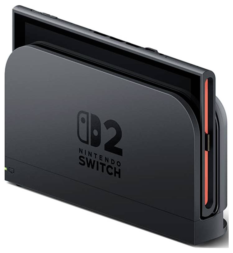 Une console Nintendo Switch 2 noire présentée en vue latérale inclinée, avec le logo sur le devant et un accent rouge sur le bord droit.