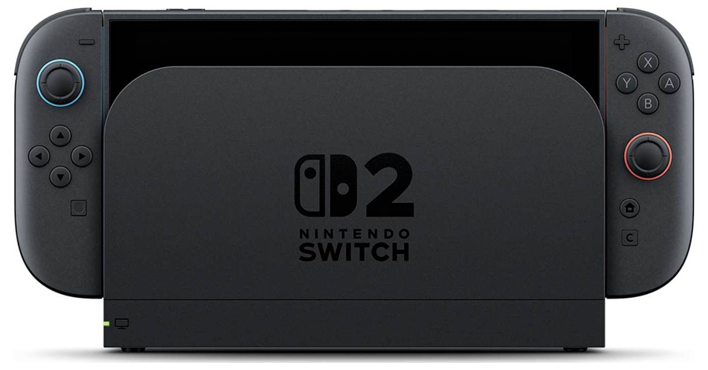 Console de jeu portable Nintendo Switch 2 noire en mode connecté et présentée de face, avec les contrôleurs Joy-Con attachés des deux côtés.