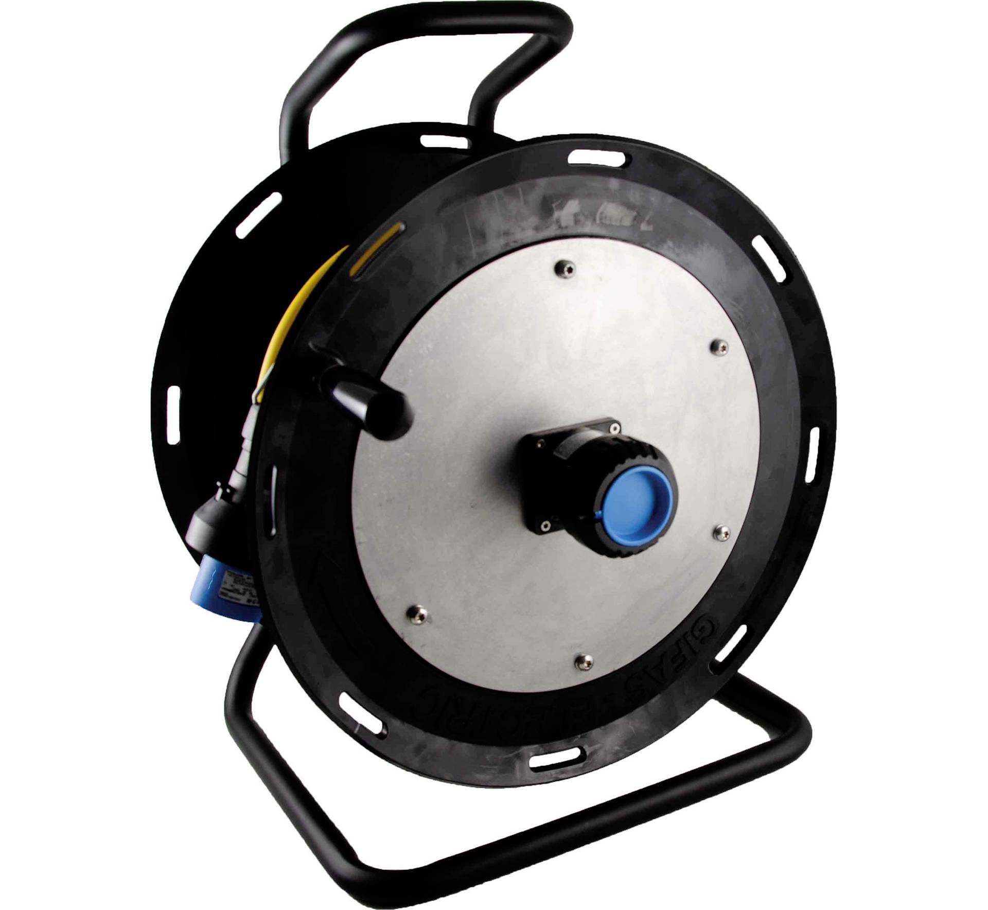 Enrouleur de câble portable avec cadre noir et tambour argenté, présenté sur un fond blanc.