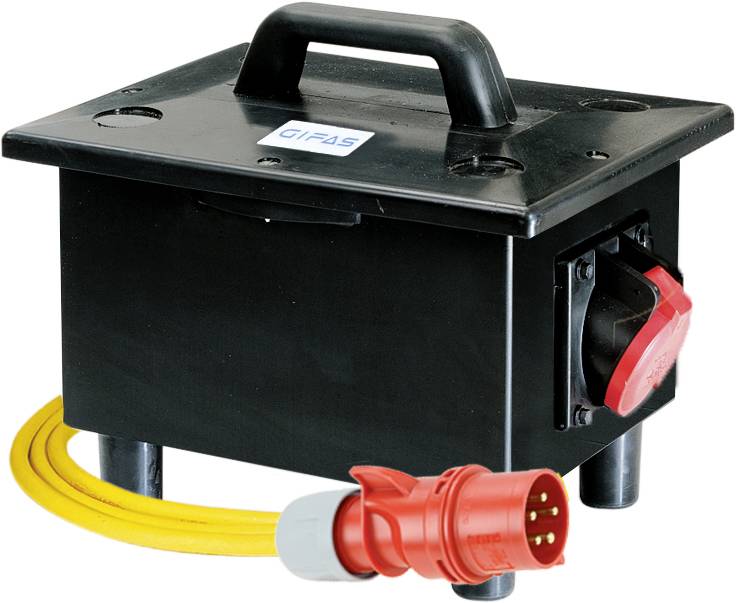 Boîtier électrique portable noir avec poignée, interrupteur latéral, câble jaune et connecteur de prise industrielle rouge.
