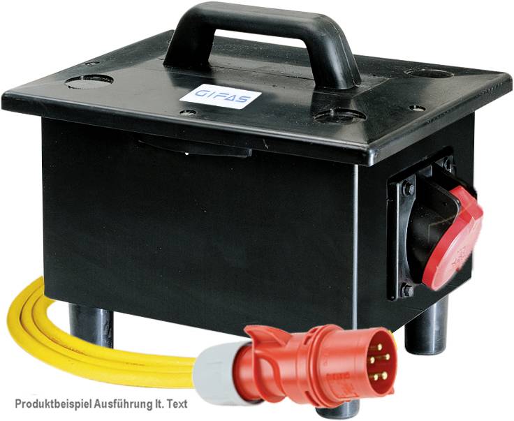 Boîte de distribution électrique portable noire avec poignée de transport, câble jaune et fiche industrielle rouge attachée.