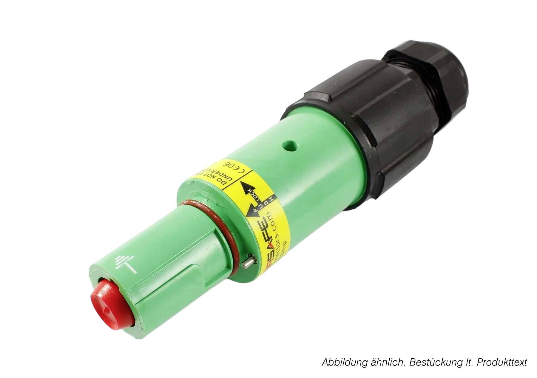 Composant industriel cylindrique vert avec un bouchon d'extrémité noir et une pointe rouge, étiqueté avec une bande de sécurité jaune, présenté sur un fond blanc.