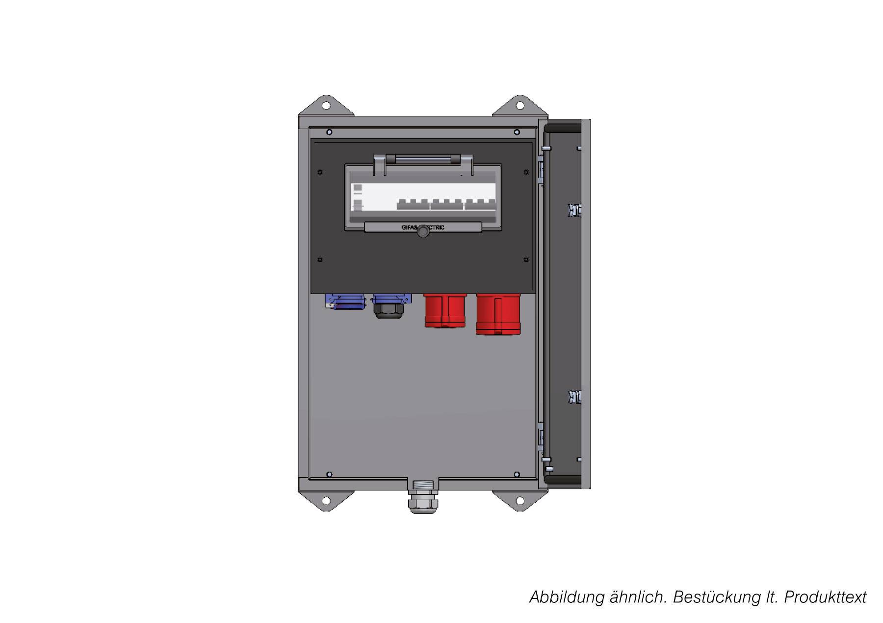 Armoire électrique industrielle avec une fenêtre transparente et des connecteurs de câble rouges/bleus, vue de face sur un fond blanc.