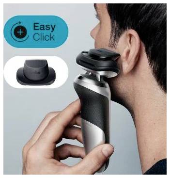 L'homme utilise un rasoir électrique sur sa joue ; l'encadré affiche les étiquettes « Easy Click » et montre un accessoire d'attachement.