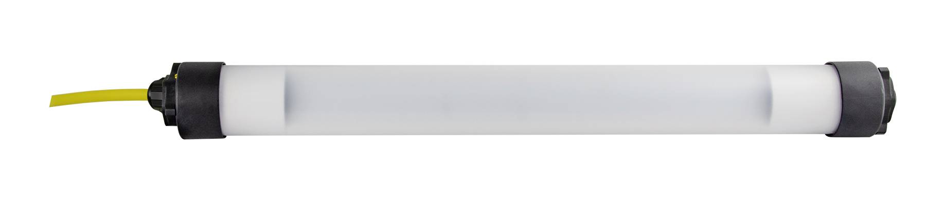 Une longue barre lumineuse LED cylindrique avec des embouts gris et un cordon d'alimentation jaune attaché sur le côté gauche.
