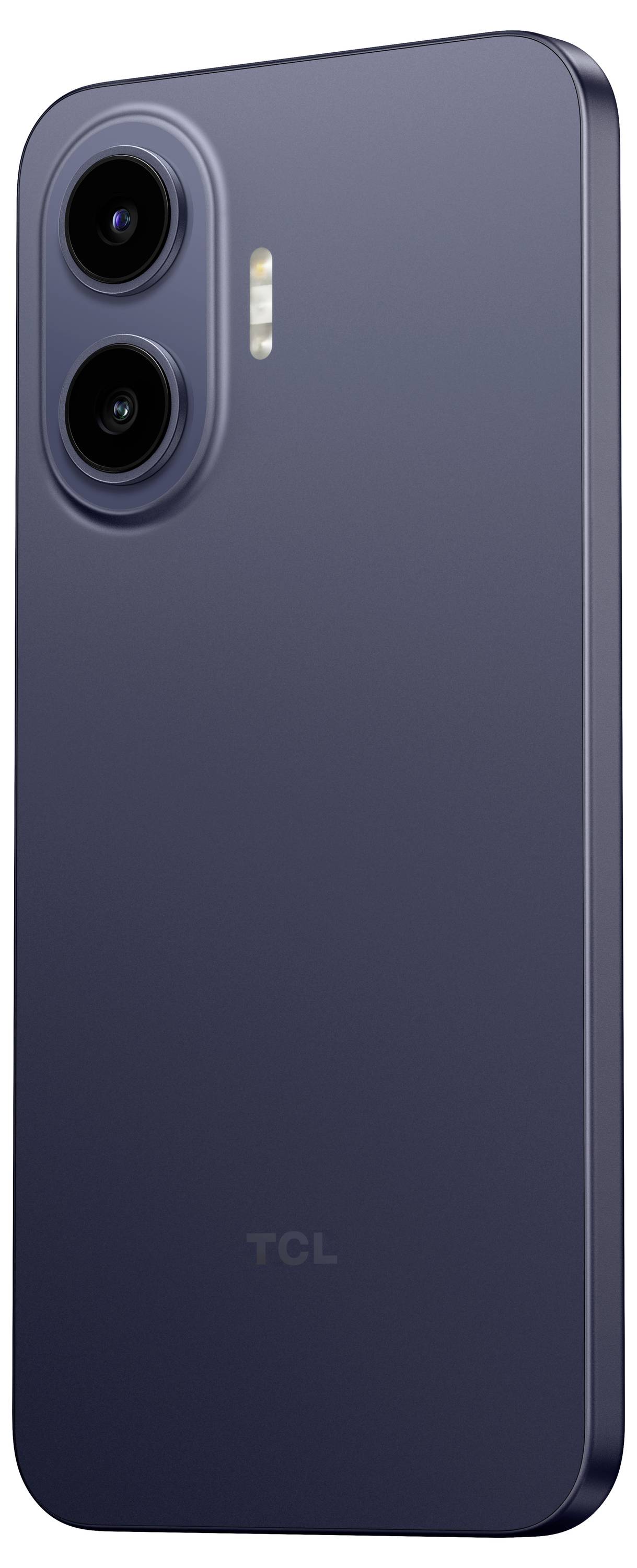 Vue arrière d'un smartphone TCL bleu foncé montrant des caméras arrière doubles et un flash.