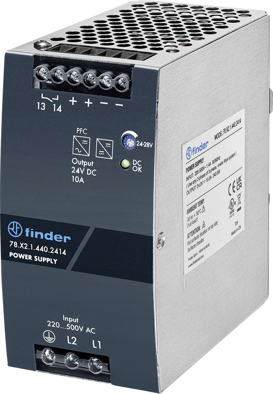 Alimentation 24V DC 10A Finder avec connecteurs à bornes et voyants d'état, présentée dans un boîtier métallique.