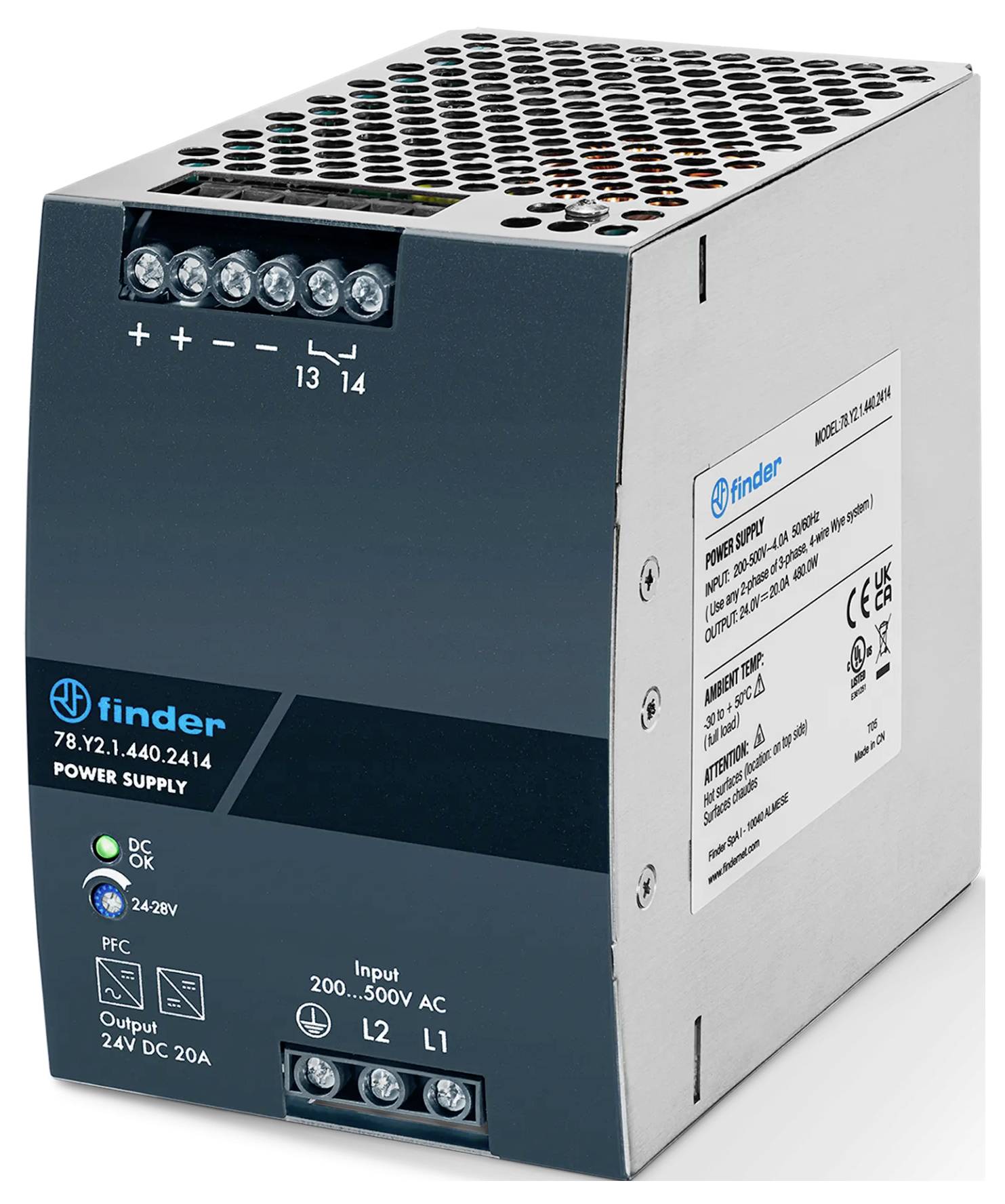 Alimentation DIN Finder, 24V DC 20A, avec bornes d'entrée/sortie étiquetées sur un boîtier métallique aéré.