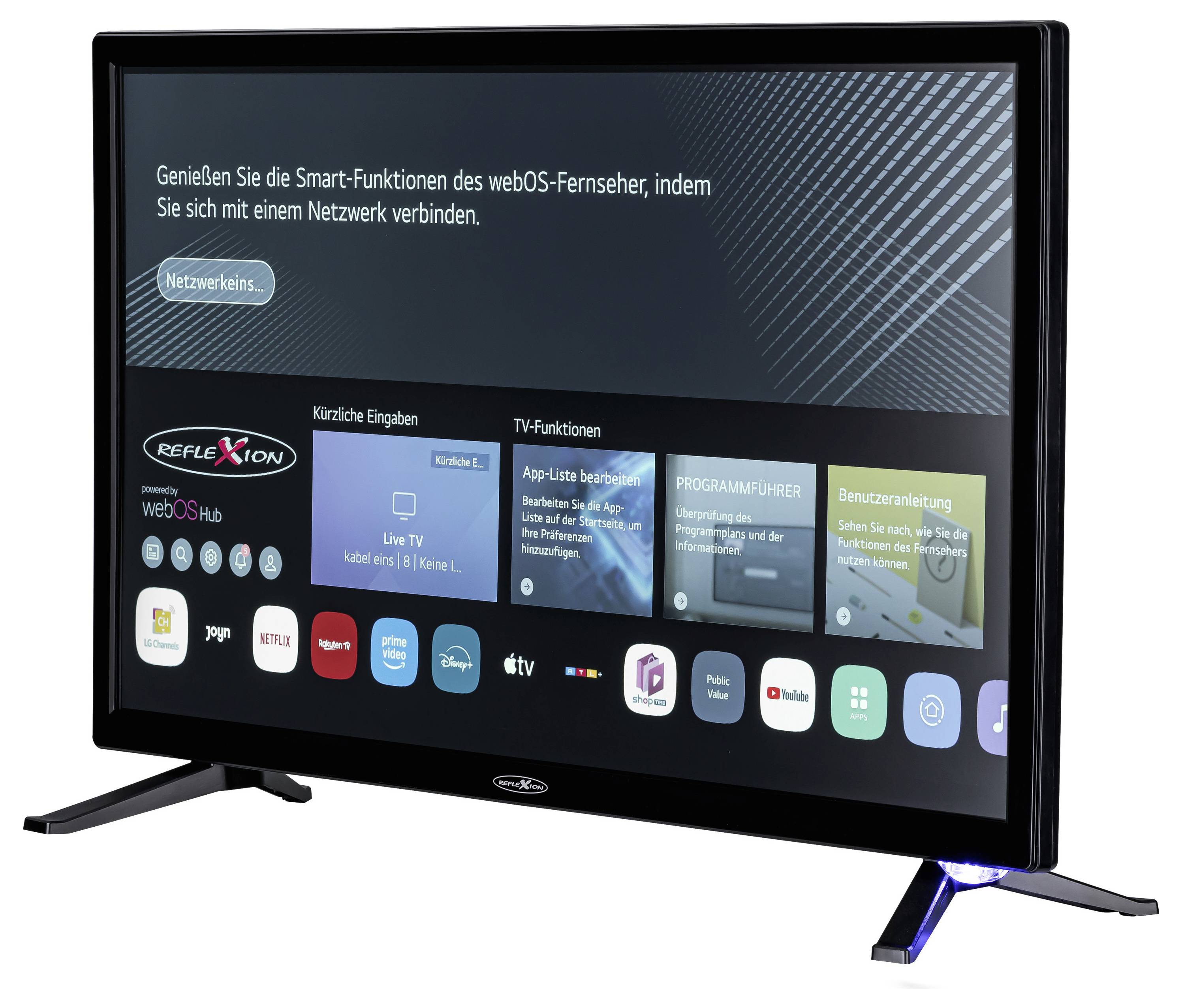 Téléviseur à écran plat affichant un écran d'accueil/de configuration webOS en allemand, invitant l'utilisateur à connecter le téléviseur à un réseau.