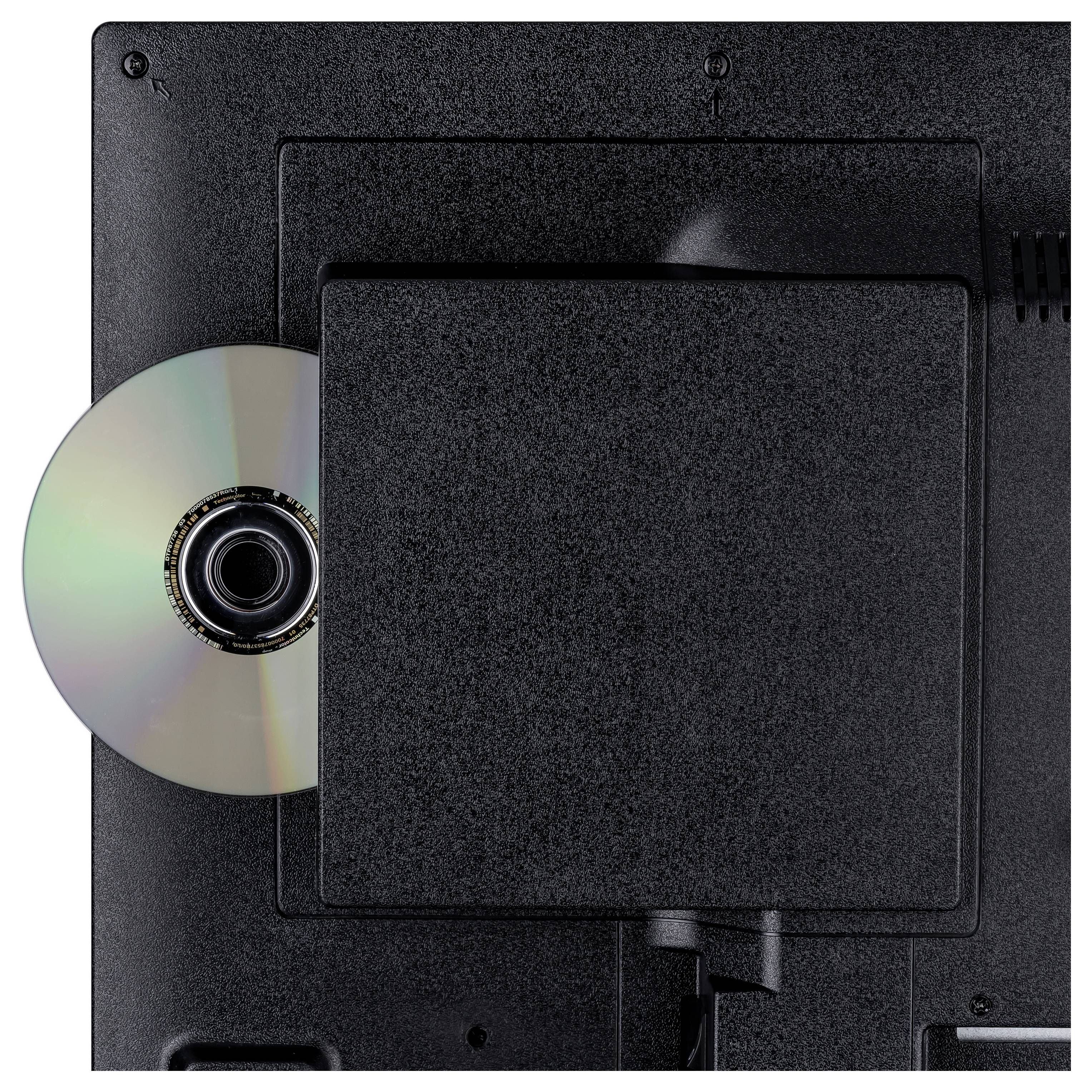 Dos d'un téléviseur à écran plat ou d'un moniteur avec un DVD ou un CD partiellement inséré par le côté gauche.