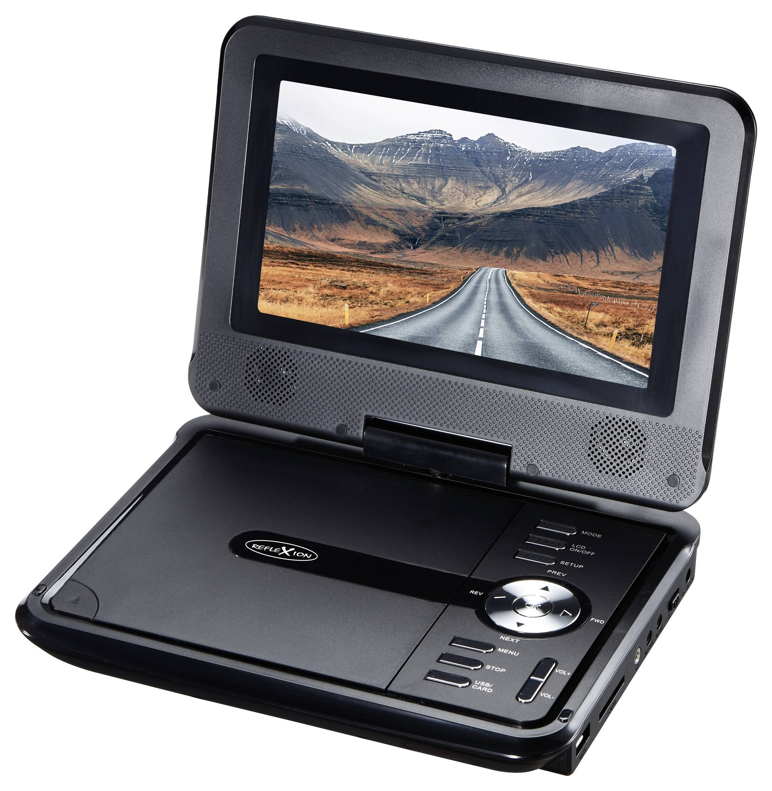 Lecteur DVD portable ouvert avec écran intégré affichant une route à travers les montagnes.