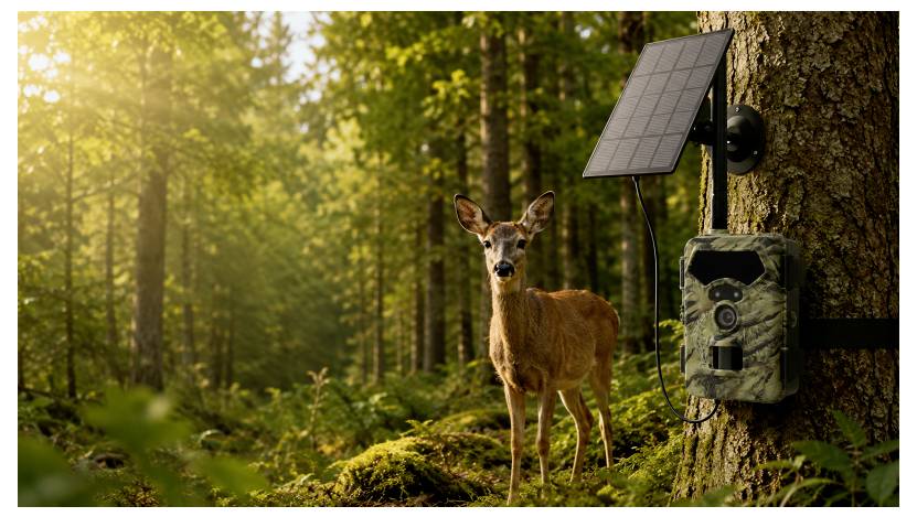Caméra de sentier avec panneau solaire monté sur un arbre capture un cerf debout dans une clairière forestière ensoleillée.