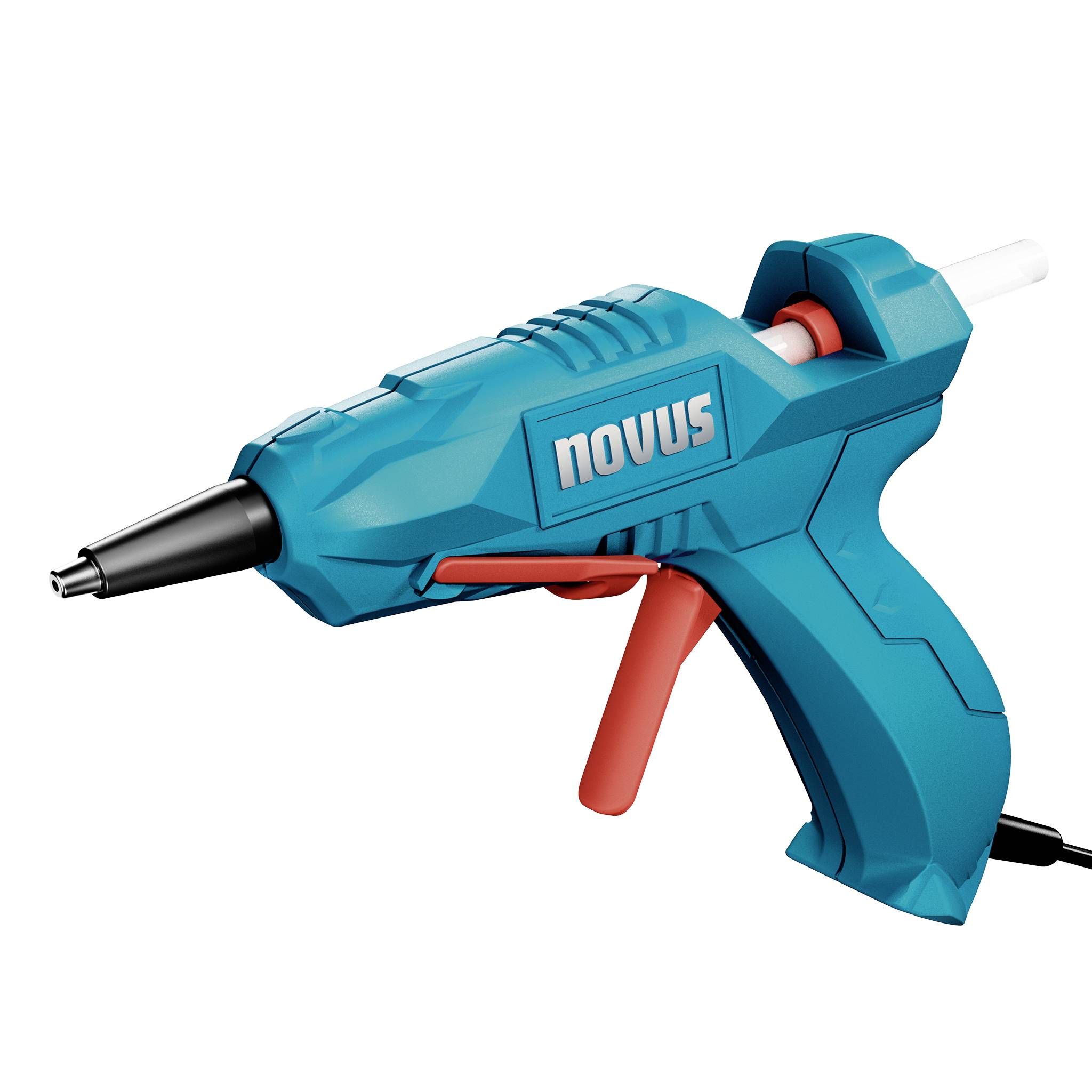 Pistolet à colle chaude Blue Novus avec gâchette orange et buse noire sur fond blanc.