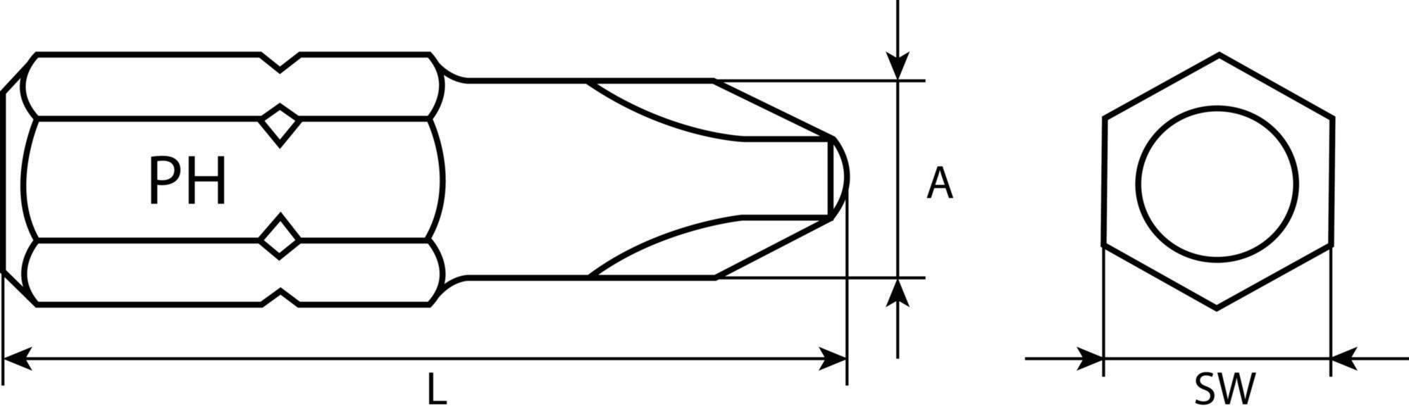 Diagramme technique d'une fixation à tête hexagonale, montrant les dimensions étiquetées PH, A, L et SW pour la hauteur de la tête, la longueur de la tige, la longueur totale et la dimension de la clé.