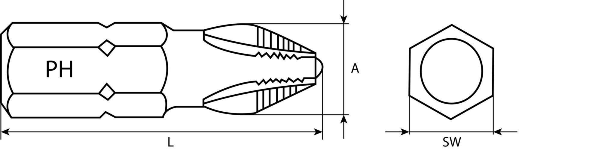 Diagramme technique d'une mèche d'outil à tige hexagonale montrant la longueur L, la largeur de la tige SW et la hauteur de la tête A avec PH marquée sur le manche.