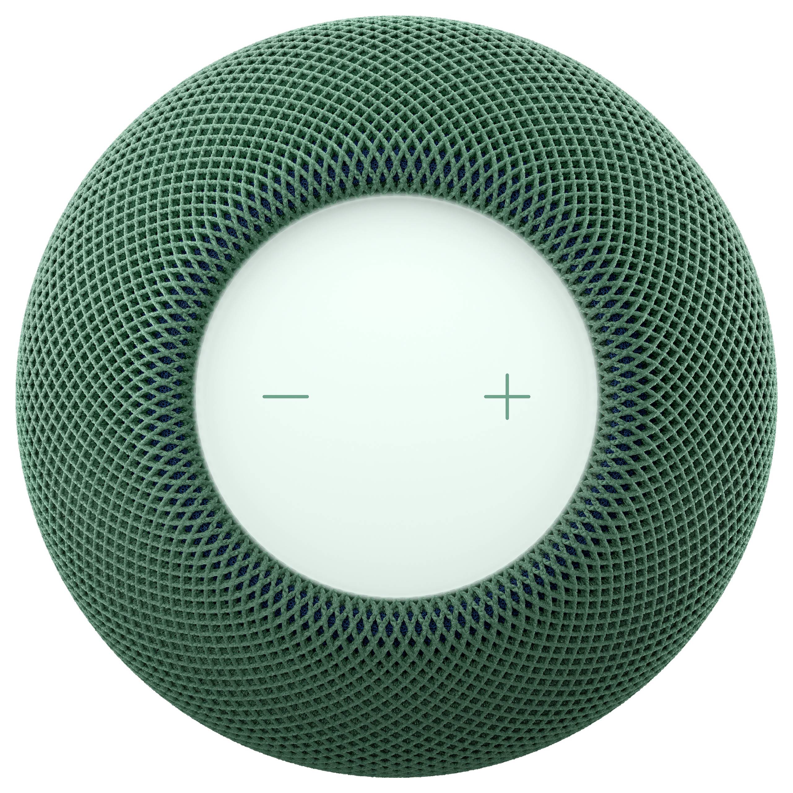 Vue de dessus d'un haut-parleur intelligent à maille verte avec une surface tactile blanche affichant les contrôles de volume moins et plus.