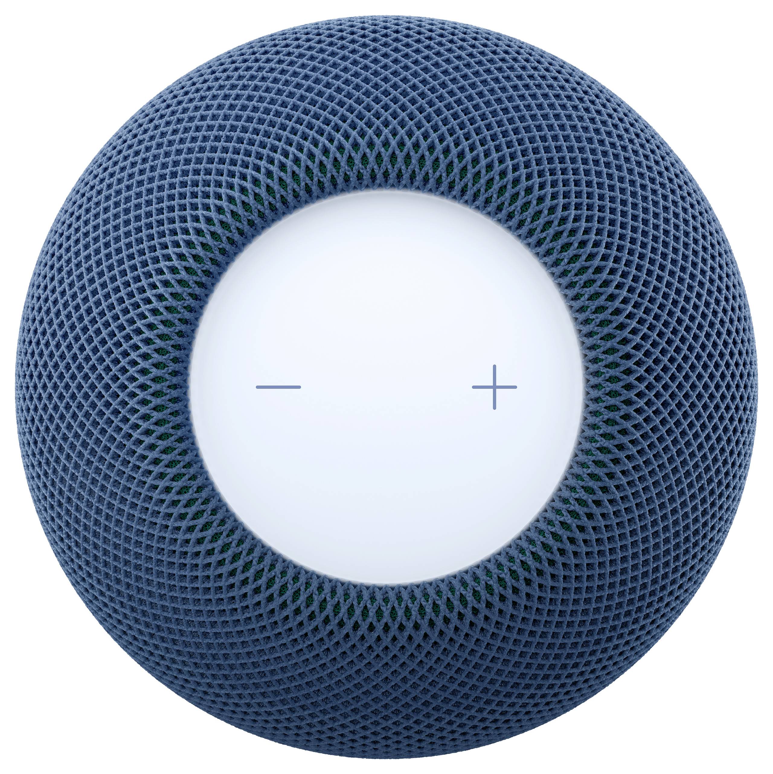 Enceinte intelligente ronde avec extérieur en maille bleue et surface de contrôle supérieure blanche affichant les boutons de volume moins et plus.