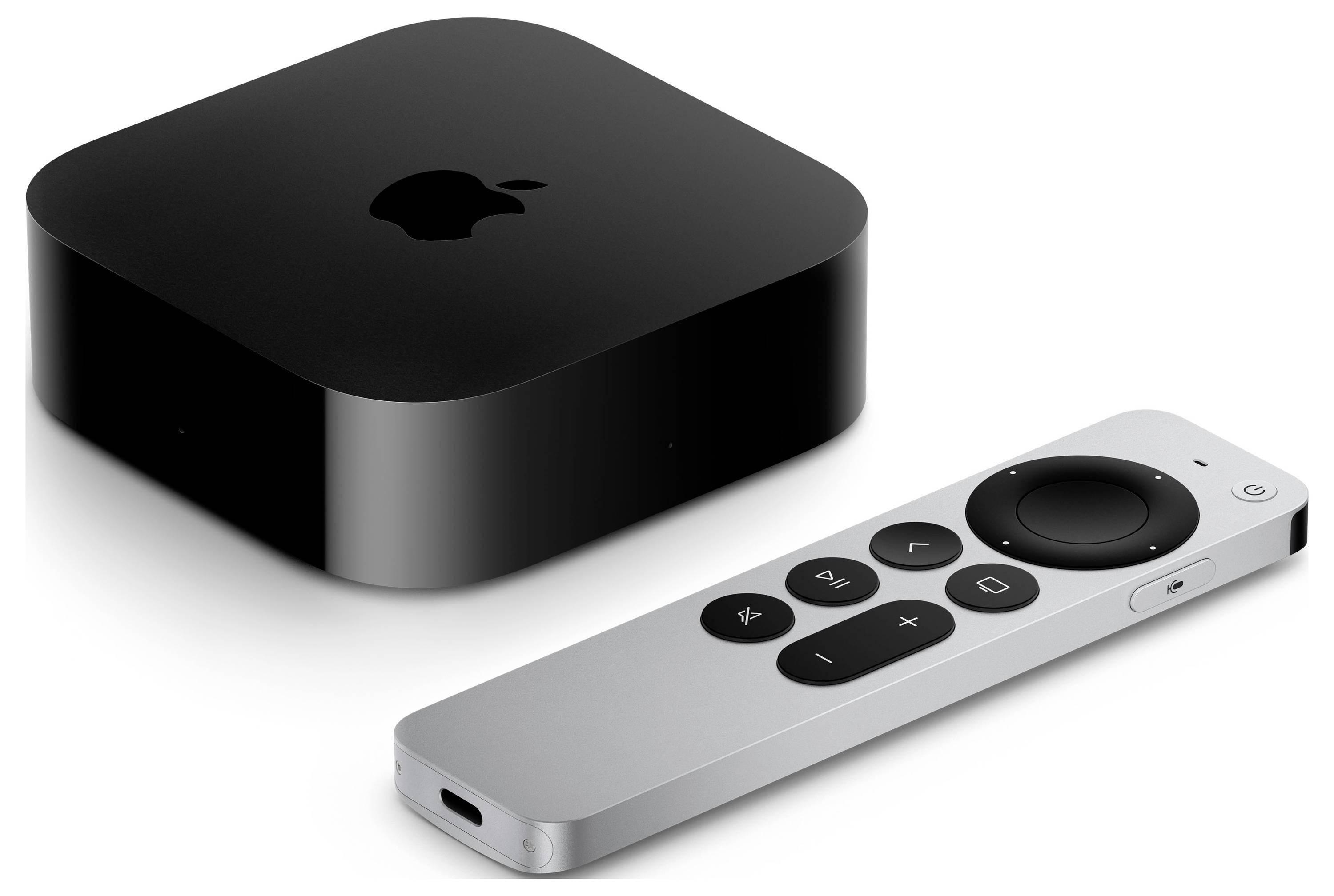 Boîtier de diffusion en continu Apple TV avec télécommande Siri sur fond blanc
