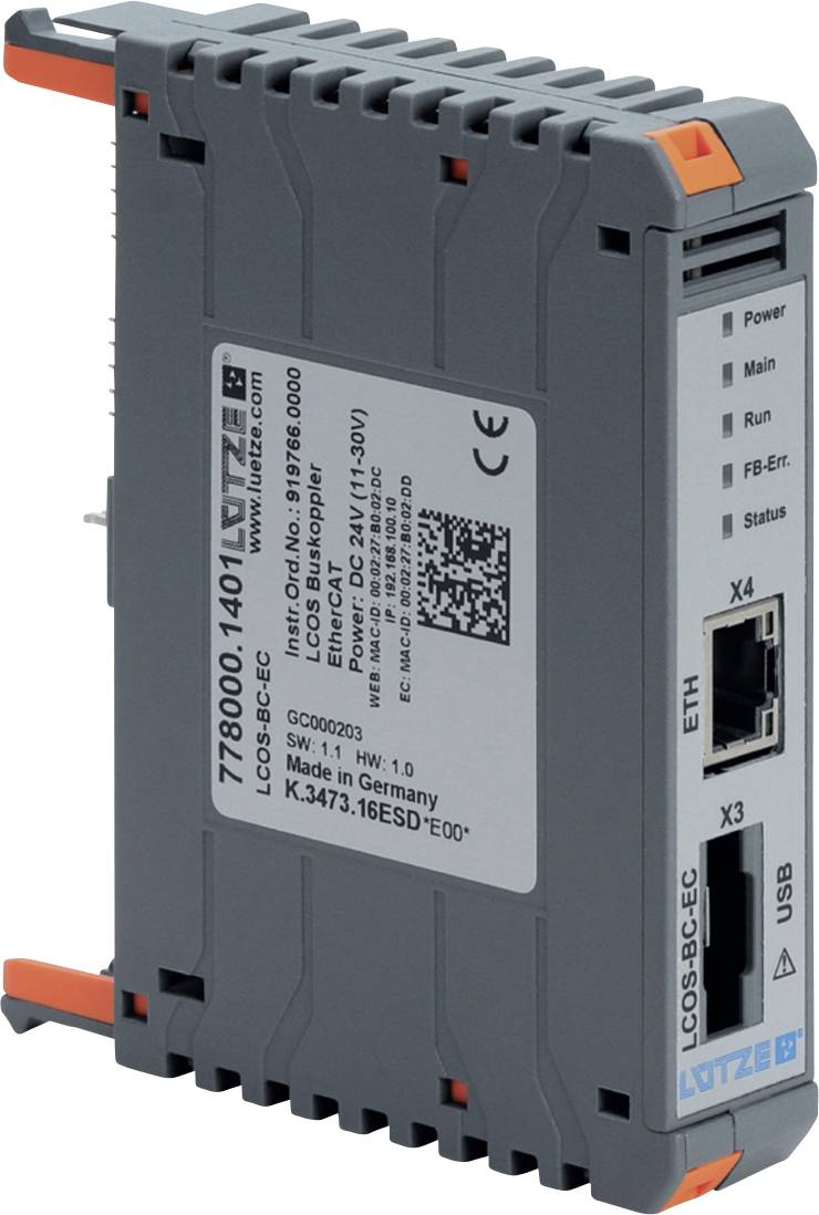 Module d'automatisation industrielle avec voyants d'état, ports Ethernet et USB, étiqueté « LCO8-BC-E »