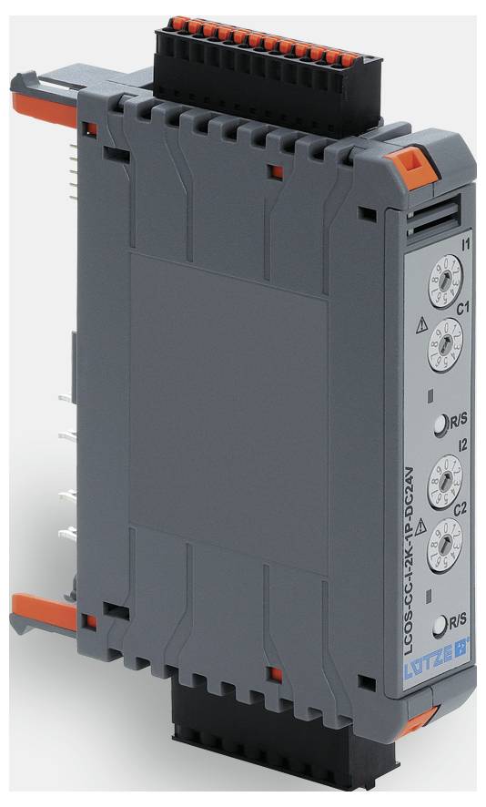 Module de commande électrique industrielle gris avec onglets orange et connecteurs de borne, présenté dans une vue isolée de style produit.