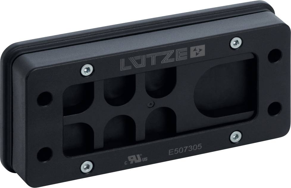 Boîte de montage ou de jonction électrique LÜTZE rectangulaire noire avec trous de vis et découpes intérieures, présentée sur fond blanc.