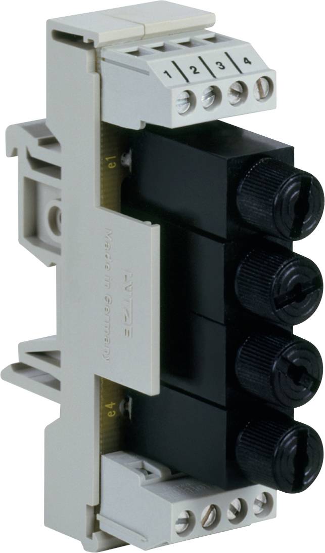 Module capteur électrique industriel ou relais avec quatre bornes à vis numérotées sur le dessus et le dessous et quatre boutons de réglage noirs sur la façade.