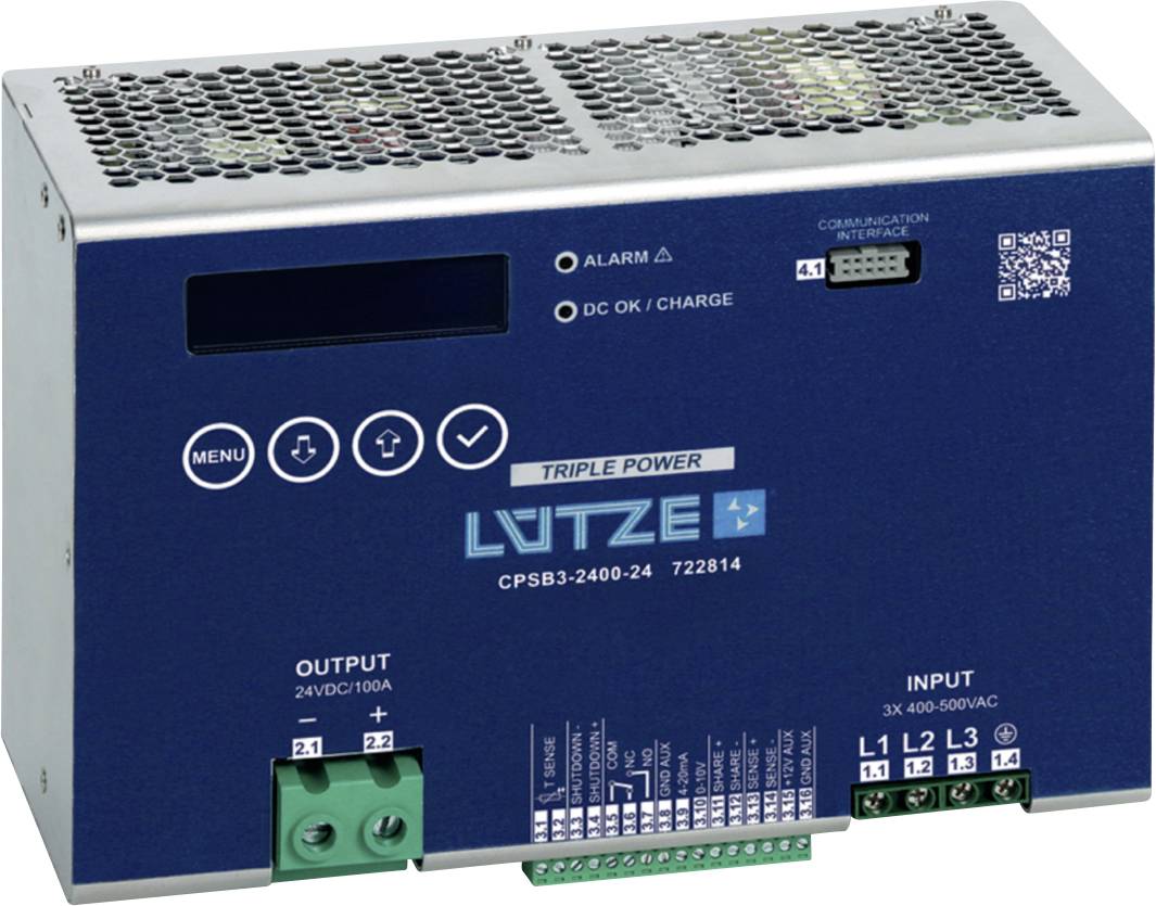 Panneau avant de l'alimentation électrique Blue LITZE CPSB3-2-400-24 avec aérations, voyants d'état, bornes d'entrée/sortie et une fenêtre d'affichage vierge.