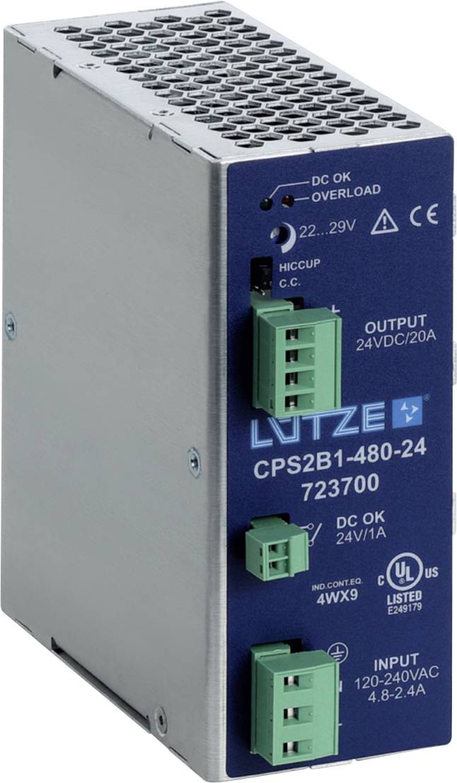Module d'alimentation sur rail DIN étiqueté « LITZE CPS2B1-480-24 », avec sortie 24VCC/20A, LED d'état et connecteurs de borne verts.